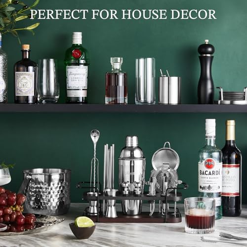 KITESSENSU Silver 24-Piece Cocktail Shaker Set with Stand - Complete Bartender Kit