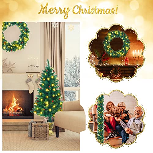 Happygrill 4-Piece Pre-Lit Christmas Set with Wreath, Garland & 2 Entrance Trees – 200 LED Warm White, Waterproof Timer