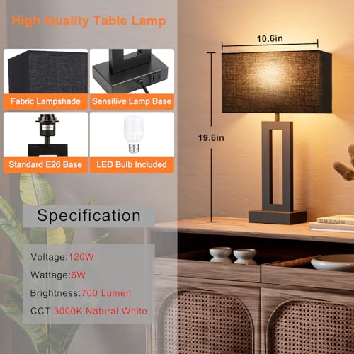 Seealle Medium Set of 2 Nightstand Table Lamps with USB-C & A, 3-Way Dimmable, Black, 19.6in
