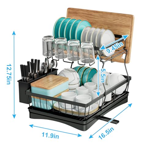 Large 2-Tier Dish Drying Rack with Drainboard - Black, Detachable Kitchen Counter Organizer