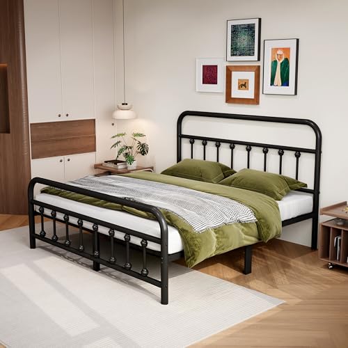 Henshwon 14-Inch King Victorian Metal Bed Frame with Storage, Heavy Duty Sturdy Platform Bed, Black, Easy Assembly