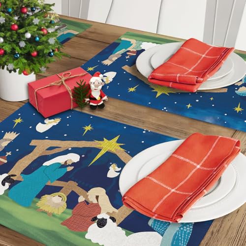 Croar Christmas Nativity Scene Placemats Set of 4 - Religious Holiday Table Decor, 12''x18''