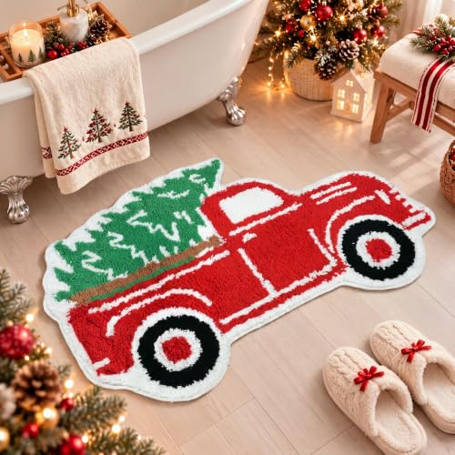 Tinideya Christmas Truck Bath Mat - Water Absorbing Flocked Shower Rug with Non-Slip Backing
