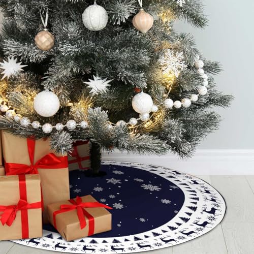 MEYAOHUIH 48in Christmas Tree Skirt Elk Snowflakes Navy Blue - Easy Tie Holiday Decor