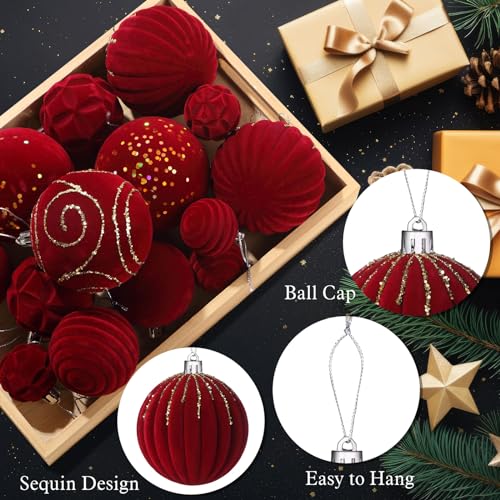 Suzile Red Velvet Christmas Tree Ornaments Set - 18 Pcs Flocked Holiday Decorations
