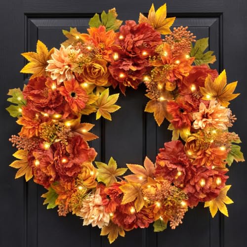 24 Inch Fall Wreath for Front Door - Autumn Floral Decor with Lifelike Blooms