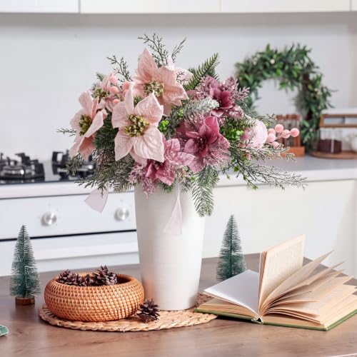 Giegxin 4 Pcs Artificial Velvet Poinsettia - Pink Christmas Flowers