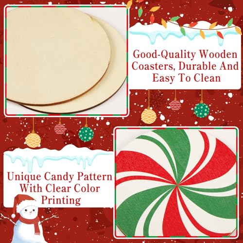 UPINS 8 Pcs Christmas Coasters for Drinks,Wooden Christmas Drink Coasters Red and Green Candy Pattern Table Coasters Holiday Xmas Decor for Home Party Gift
