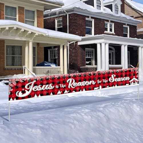 Tiamon Holy Nativity Christmas Banner Manger Scene Religious Jesus Is the Reason for the Season Red Buffalo Plaid Hanging Banner for Xmas Winter Holiday Outdoor Indoor Decoration