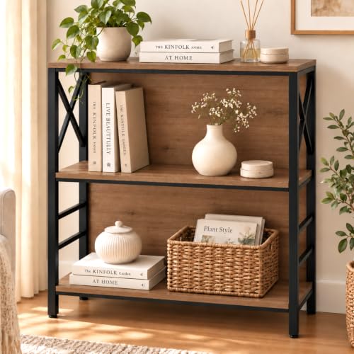 Small 3-Tier Industrial Bookcase - Brown, 29.5 Inch Wide, Metal Frame & Backboard