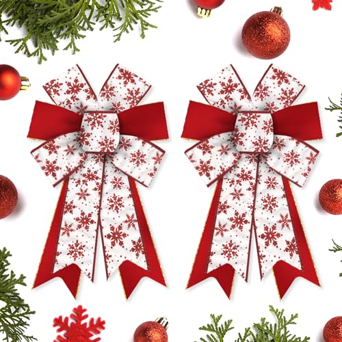 Hying 2 Pieces Christmas Bows for Wreath, Christmas Wreath Bow Glitter Red White Snowflake Bows Winter Xmas Tree Craft Bows Ornaments for Front Door New Year Christmas Party Decoration Supplies