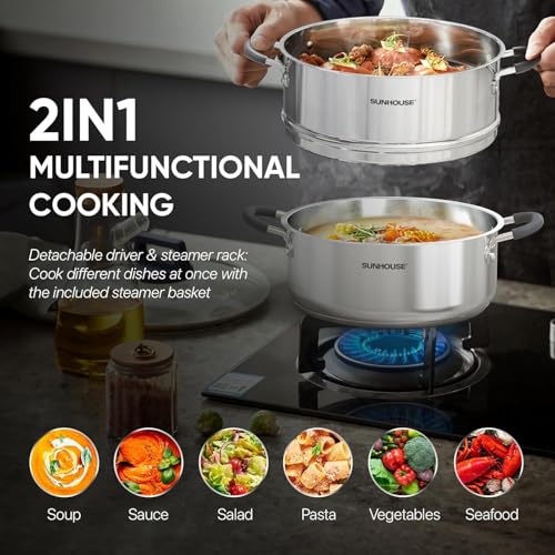4.6 Qt Stainless Steel Steamer Pot with Glass Lid - Multi-Tier Food Steamer - Toxin-Free Kitchen Cookware