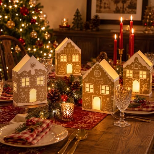 Kolldenn 24 Pcs Christmas Luminary Bags Gingerbread House Designs (4 Styles) White Kraft