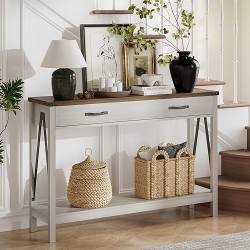 ChooChoo 47 Inch Farmhouse Console Table with Drawer & Storage Shelf - White & Brown