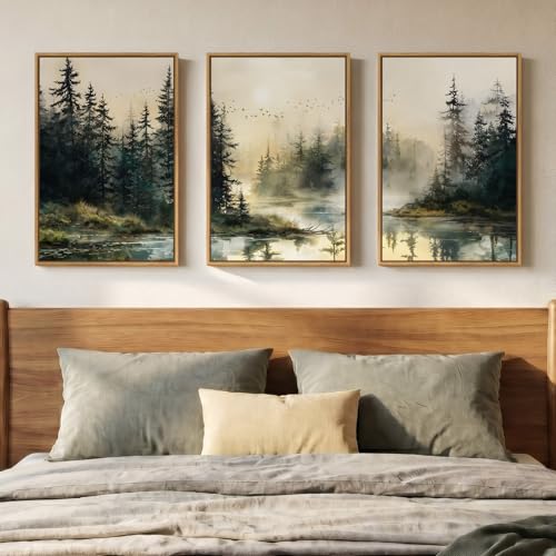 Framed Lake Landscape Wall Art Set - 16x24 Inch Triptych for Living Room & Bedroom - Green & Beige Variation of THIS listing