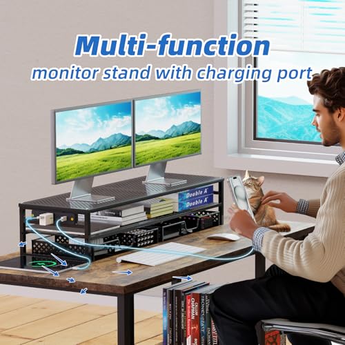 Dual Monitor Stand with USB Ports and Drawer Storage - Black