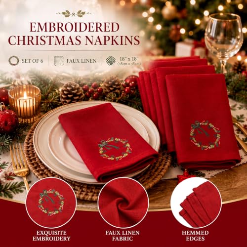 SmoothNovelty 6 Pcs Christmas Wreath Linen Napkins - Red Embroidered 18x18
