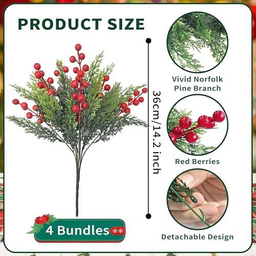 4 Bundles Christmas Artificial Flowers with Red Berries & Norfolk Pine Branches, 36cm each - Perfect for Garlands and Table Décor (4 Bundles)