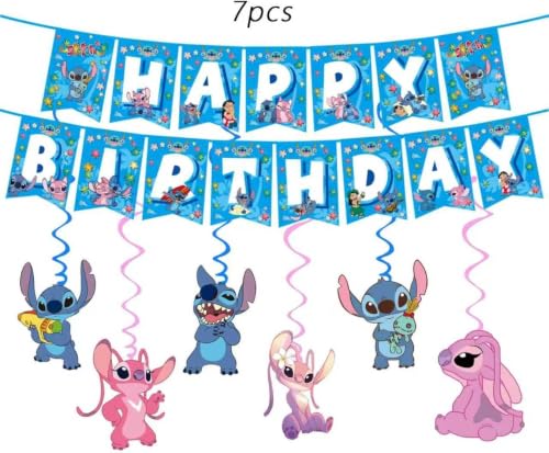 KROCEUS Stitch Party Supplies Kit - Birthday Decorations, Plates, Cups, Banner & Tablecloth, 88pcs - Bu1