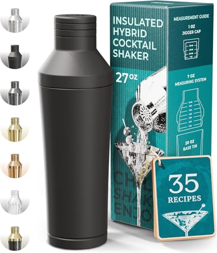 Bare Barrel Insulated Cocktail Shaker Set Matte Black - Double Wall Stainless Steel, Built-in Measure & Strainer, Travel Bag, Recipes, Gift
