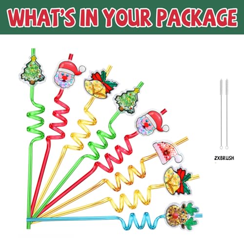 Reusable Christmas Curly Drinking Straws - 8 Pack with Cartoon Designs & Cleaning Brushes