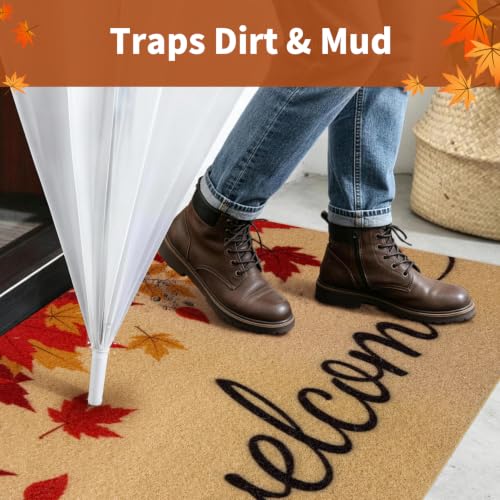 Fall Welcome Door Mat 24x36 Inches with Maple Leaves Non Slip Outdoor Indoor