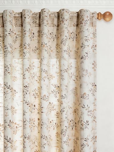 Taupe on Beige Floral Linen Curtains - 120 Inch Light Filtering Farmhouse Drapes, 2 Panels