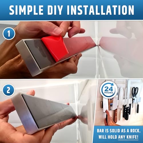 17-Inch No-Drill Magnetic Knife Holder - Stainless Steel Wall Mount with Adhesive & Screws - Upgraded Strong Magnet