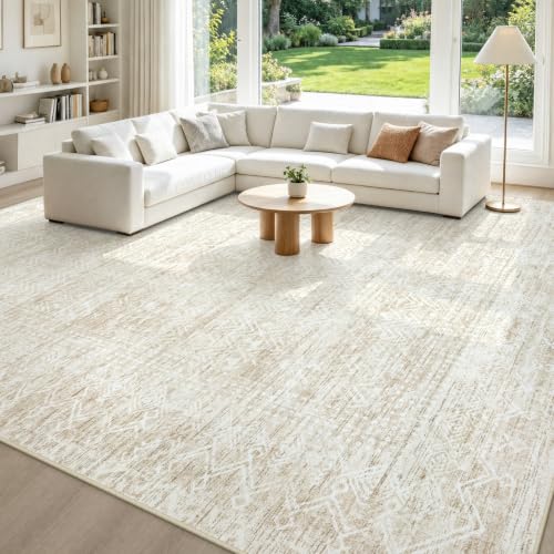 Beige 8x10 Area Rug - Washable Geometric Boho Rug for Living Room & Bedroom - Non-Slip Backing
