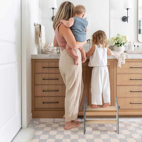 Wooden 2 Step Stool for Kids Bathroom Sink - Foldable Non-Slip Child Step Stool - Grey St-Gray