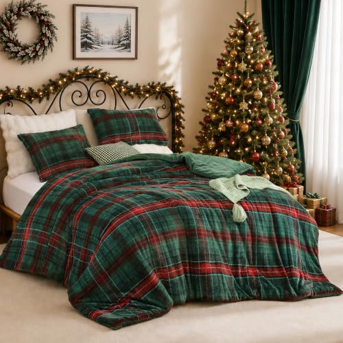 JANZAA 3-Piece Queen Green Plaid Flannel Comforter Set (90x90) — Includes 1 Comforter + 2 Pillow Shams