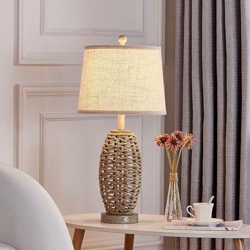 27-Inch Natural Rattan Table Lamps Set of 2 with USB Ports & Dimmable Touch Control