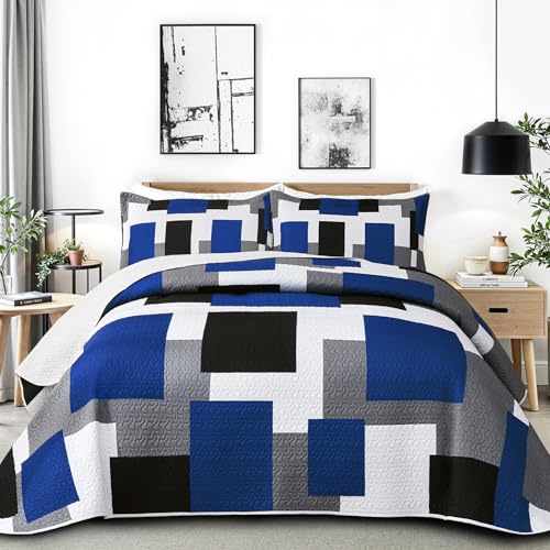 Blue White Grey Quilt Bedding Set Full/Queen Size - Modern Patchwork Comforter Coverlet