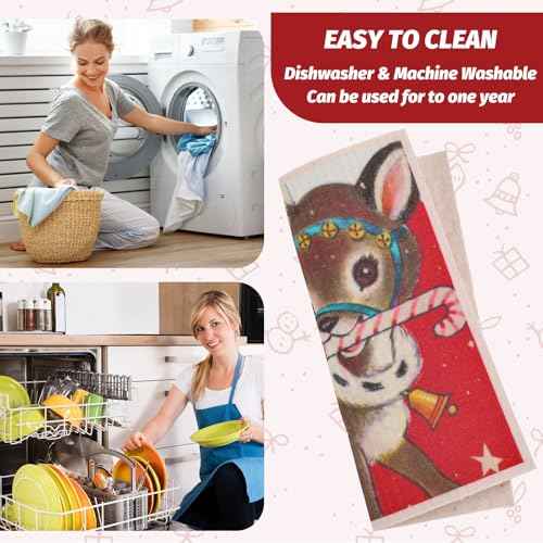 Whaline 6Pcs Christmas Swedish Dishcloths Retro Santa Snowman Cotton Kitchen Towel Reusable Absorbent Dish Towel for Home Party Housewarming Cleaning, 7.7 x 6.9 Inch