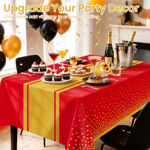 LIKAJON 2 Pack Red and Gold Waterproof Tablecloths 54x108 Inch for Parties