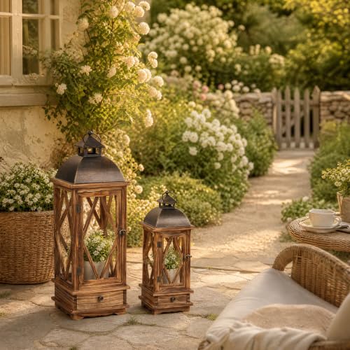 Rustic Wooden Candle Lanterns Set of 2 - Farmhouse Indoor & Outdoor Decor