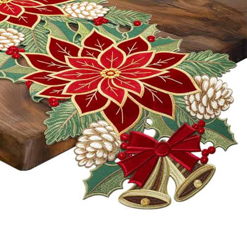 Christmas Tree Table Runner 14x108 in Red Green Winter Linen with Embroidery