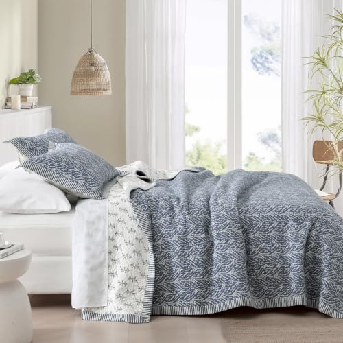 White Slate Blue Queen Quilt Set - 3 Pieces Botanical Cotton Bedspread