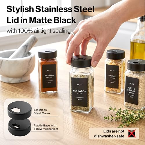 Glass Spice Jars Set with Labels & Black Lids - 24 x 4oz, Adjustable Opening