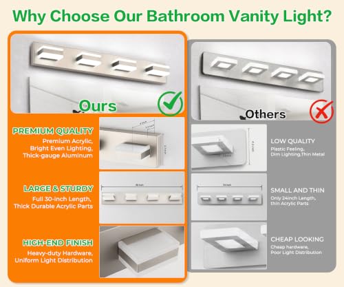 SOLFART 4-Light Brushed Nickel Bathroom Vanity Light Fixture 30 Inch Dimmable LED