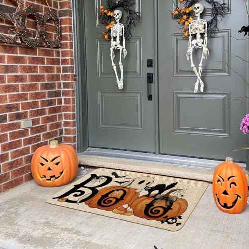 Baccessor Halloween Pumpkins Welcome Doormat 17x29 Inch, Boo Ghost Black Cat Decorative Front Door Mat Non Slip Rubber Backing Fall Seasonal Entryway Floor Decoration
