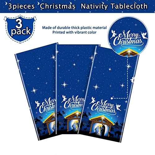 3 Pcs Holy Nativity Christmas Tablecloth, Blue Merry Christmas Religious Plastic Table Cover Holy Night Nativity Tablecloth for Merry Christmas Jesus Nativity Religious Party Decorations, 54x108 Inch