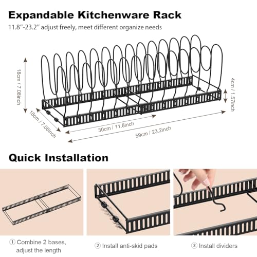 Housolution 2 Pack Black Pot and Pan Lid Organizer with 14 Adjustable Dividers