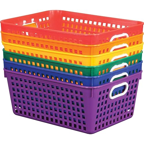 Rainbow Plastic Storage Baskets with Handles - Large Classroom Organizer Set - 6 Pack