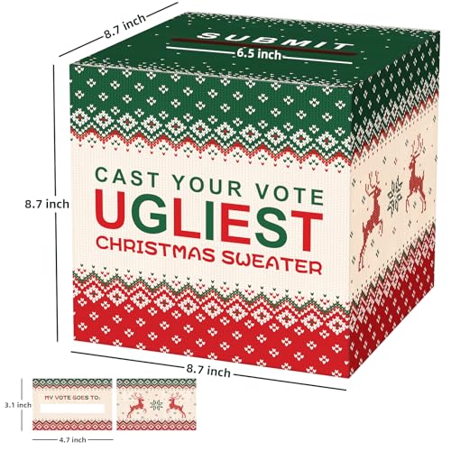 Christmas Ugly Sweater Contest Ballot Card Box, Voting Cards Box Set with 50 Voting Cards, Ugliest Sweater Contest Ballot Box for Game & Party Supplies, Holiday Xmas Games Party Decorations