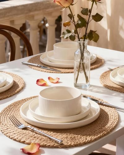 Service for 4 Creamy White Line Porcelain Dinnerware Set - 12 Pieces