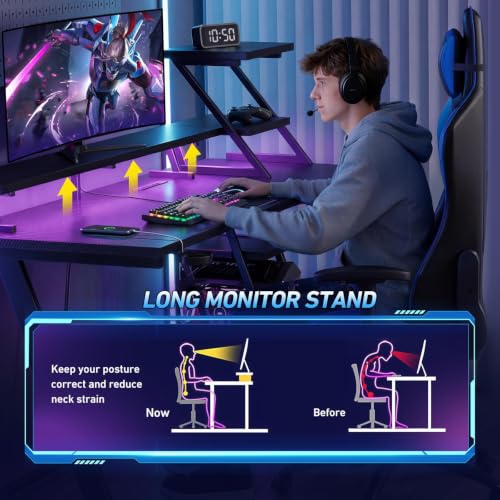 Korfile 40 Inch Gaming Desk with LED RGB Lighting & Power Outlets - Carbon Fiber Black