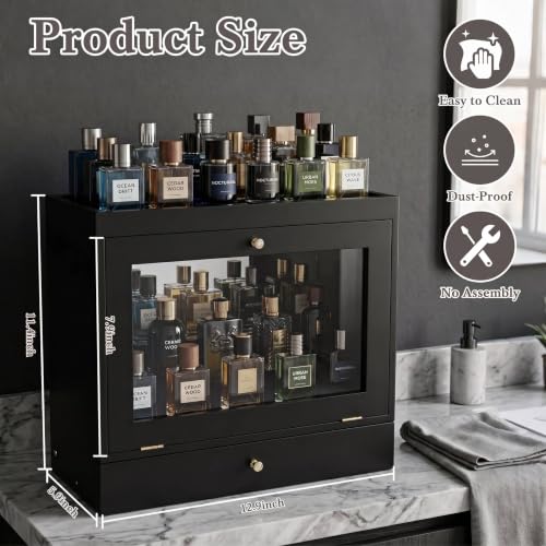 Large Capacity Wooden Cologne Organizer with Dustproof Acrylic Door and Drawer for Men