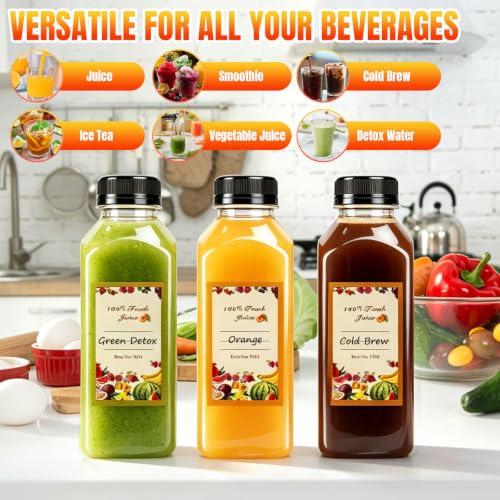 12 oz Reusable Plastic Juice Bottles Pack of 128 with Caps & Labels - Clear