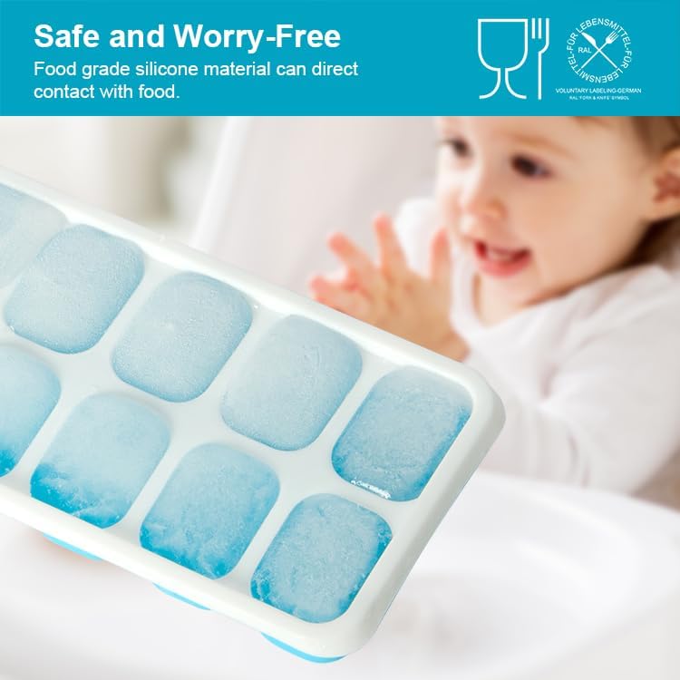 Skiennix Ice Cube Tray - Spill-Resistant Lids, Easy-Release, Stackable | 2 Packs, 28 Cubes, Green & Blue